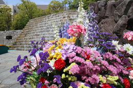 滝池を中心に飾られたお花(ホームページ委員会取材班撮影) 滝池を中心に飾られたお花