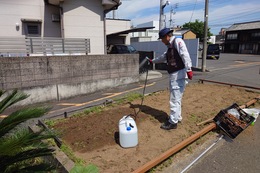 土を被せて水やりです(環境衛生組合協議会撮影) 土を被せて水やりです